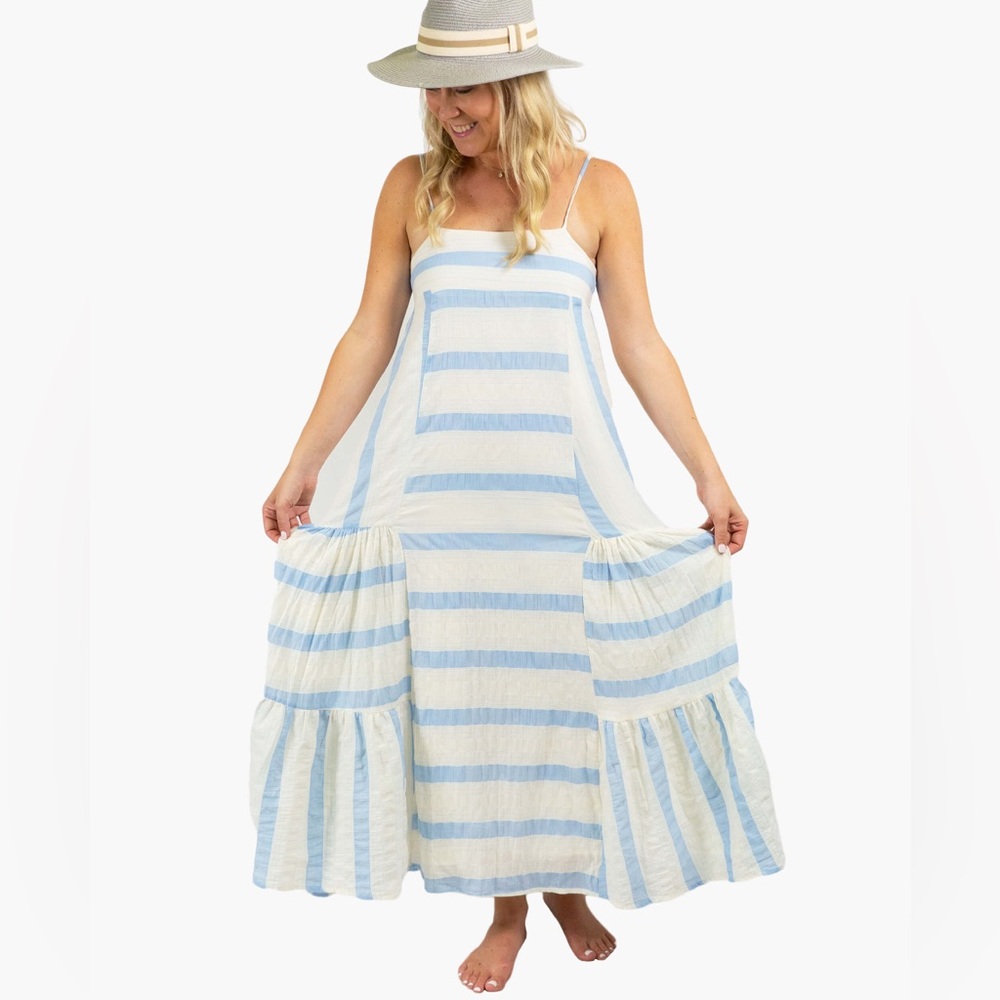Judith March Light Blue and White Striped Tiered Maxi Dress